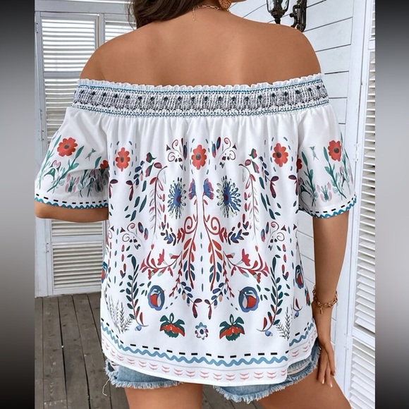 Boho Plus Floral Print Smocked Off Shoulder Top Blouse - Picture 2 of 7